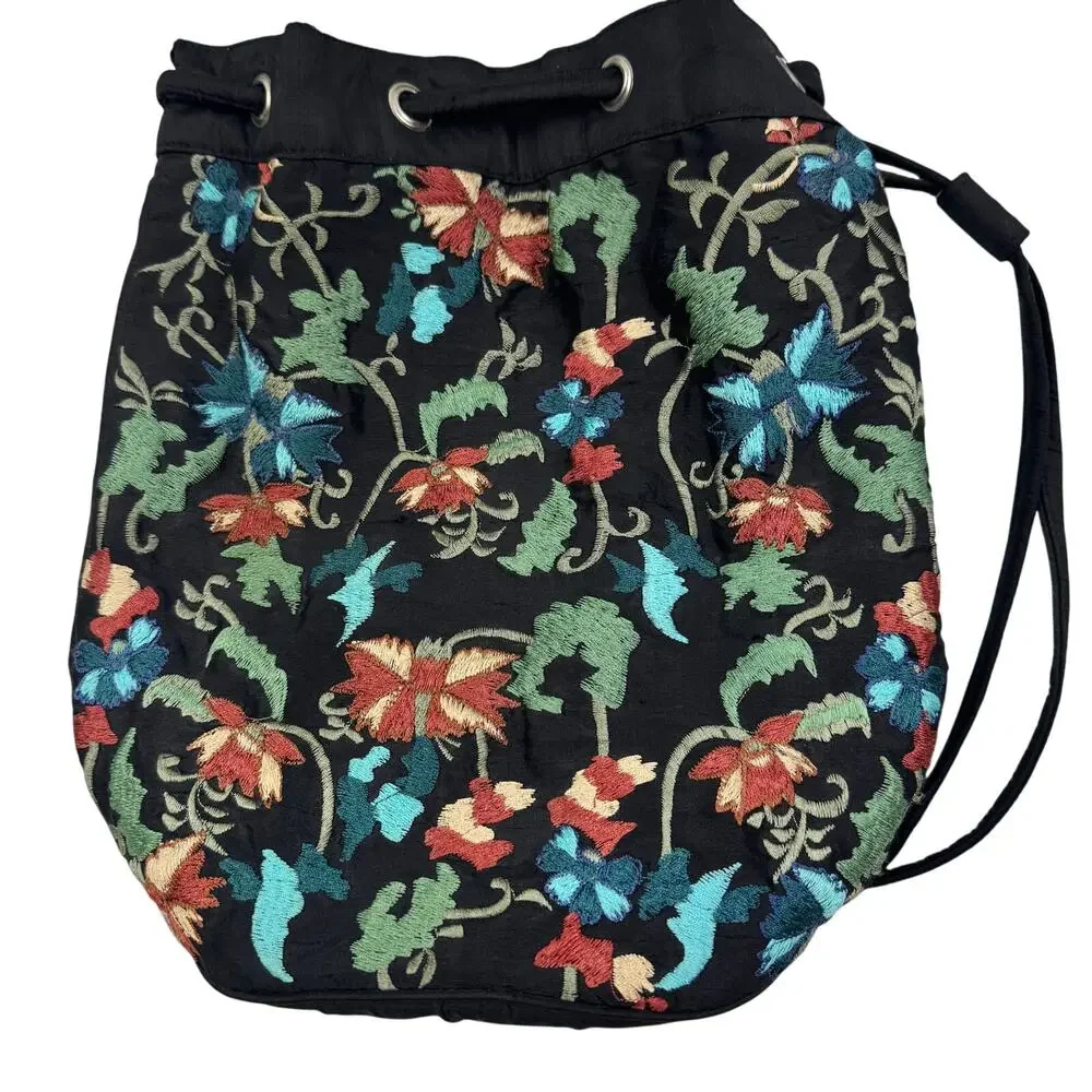 Bohemian Hippie Floral Embroidered Silk Small Unique Backpack Style Purse.